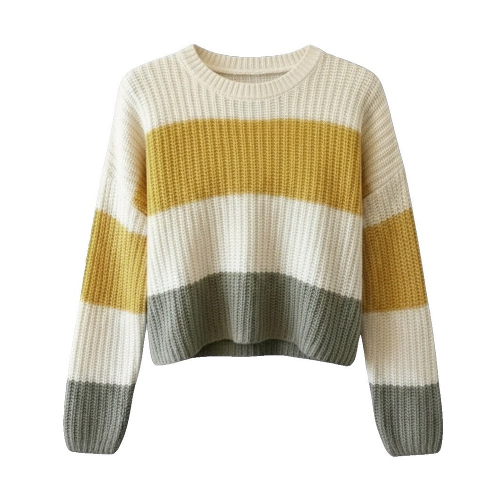 MOON & MADISON Cropped Oversized Sweater IVORY YELLOW SAGE Colorblock Stripe M